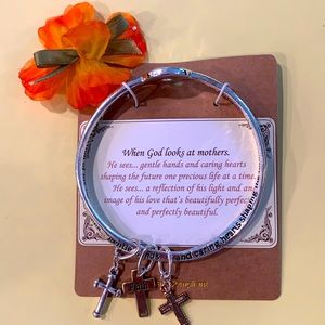 “MOTHERS” Silvertone Twisted Bangle Bracelet with Cross Charms